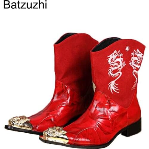 Ntparker Top Quality Handmade Red Mens Medium Long Boots Pointed Toe Red Fashion Boots Men Motocycle Boots Man Botas Hombre