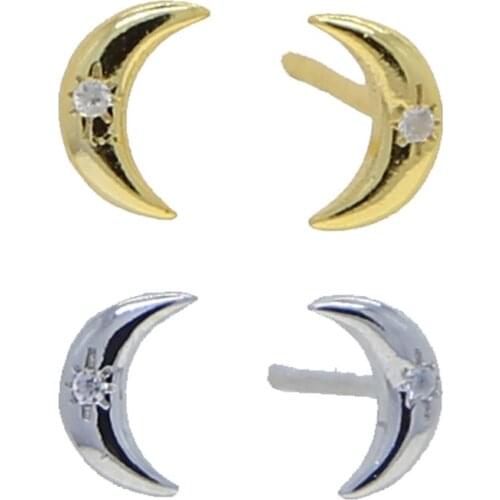 Minimalist Korean 100% 925 Sterling Silver Crescent Moon Stud Earrings With Tiny CZ Zircon Brinco For Girls Women Silver Jewelry