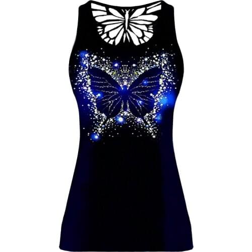 Fashion Print Butterfly Skinny Vest Tank Top Women Summer Spring Hollow Out Sleeveless Tees Shirt Female Sequined Tshirt 2021