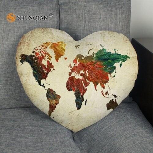World map Heart Shape Pillow Cover Size 41x36cm,47x42cm New arrival Custom zipper Pillowcase Cover