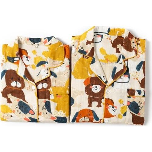 100% Cotton Couples Matching Pajamas Long Sleeve Sleepwear Button Down Nightwear PJS Lounge Set Colorful Cartoon Dog Print M-XXL