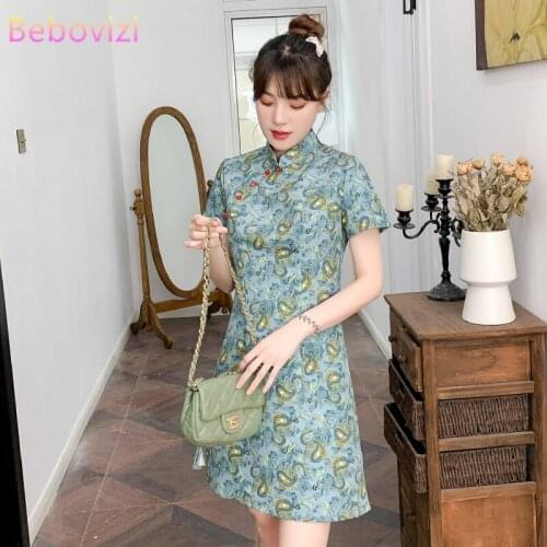 3XL Xxl Summer Fashion Green Floral Party Casual Modern Cheongsam Dress for Women Short Sleeve Qipao Traditional Chinese Clothes