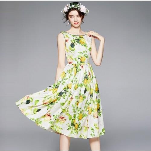 Sicilian Summer Holiday Flower Dress Women 's Sleeveless O Neck Tank Backless Floral Print Elegant Beach Midi Vestidos k6185