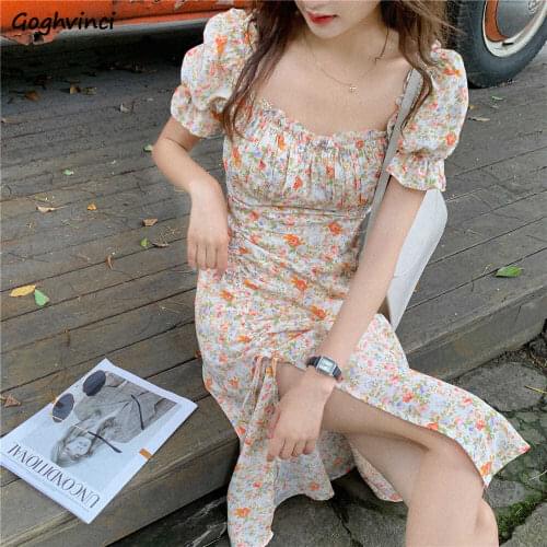 Short Puff Sleeve Dress Women Mid-calf Oil Painting Orange Girls Empire Square Collar Shirring Side Split Design Floral Sweet