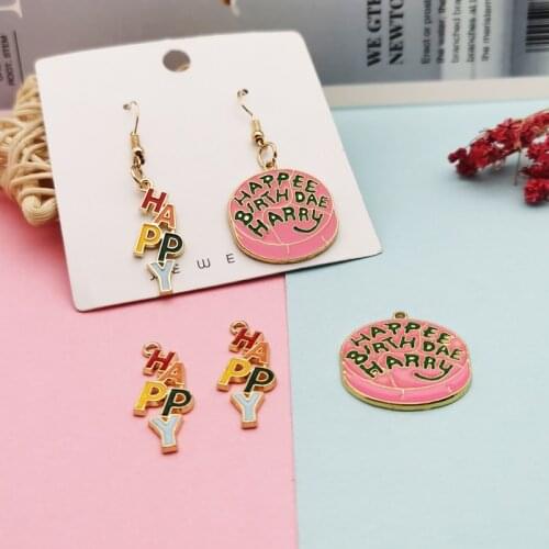 10pcs Oil Drop Happy Birthday Cake Alloy Enamel Charms Round Pendants DIY Earrings Bracelet Floating Jewelry Accessories FX107