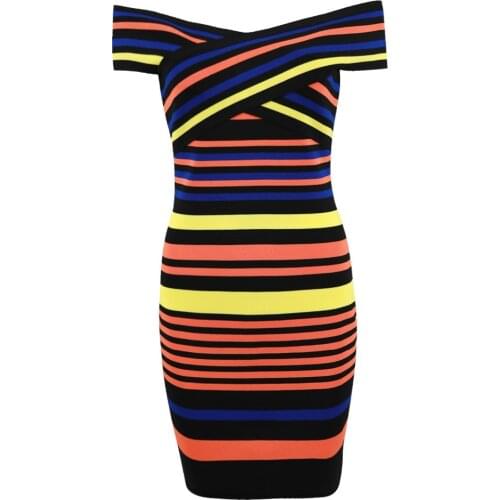 Casual Summer Women Dress Off Shoulder Slim Fit Bodycon Dress Colorful Mix Striped Sheath Bodycon Bandage Dress Dropshipping