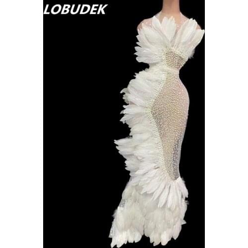 Sexy Singer Model Transparent Stage Costume Red White Feather Rhinestone Backless Long Dress Nightclub Bar Birthday Party Outfit