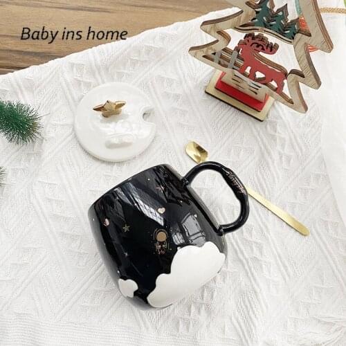 Breakfast Cup with Cover Spoon Ins Star Sky Ceramic Cup Light Luxury with Gold Mug Three-dimensional Cloud Cup Milk Cup Suppor