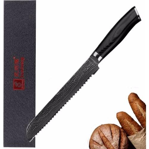Sunlong Bread knife 8 inch Slamwich Slicer Japanese 67 layers Damascus steel Cake Knife Pizza Cutter Mikata Handle