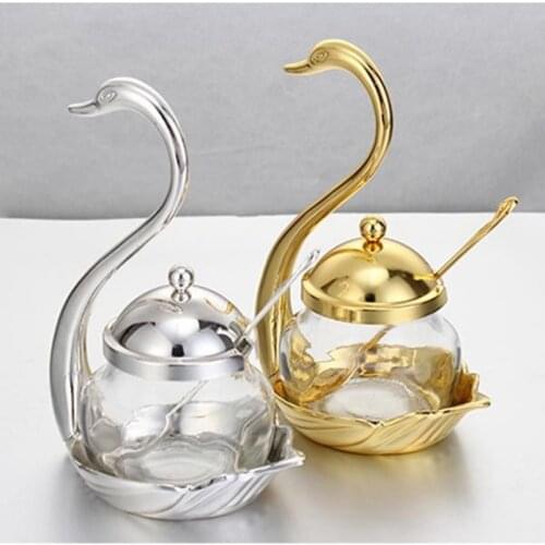 Top Aluminum alloy Condiment Pot Seasoning Container Spice Glass Jar Salt Sugar Bowl Pepper Coffee Storage Organizer Swan MJ