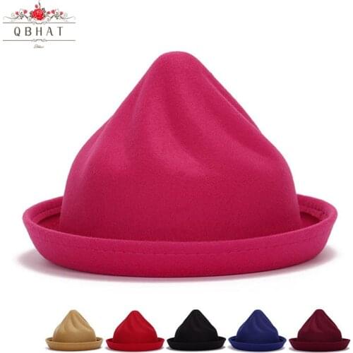 QBHAT Ice Cream Shape Wool Felt Fedora Hats Women Ladies Solid Color Pointed Hat Torch Autumn Winter Roll Brim Formal Top Hat