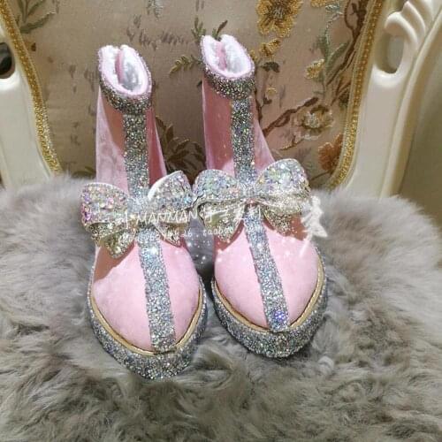 Womens Pointy Toe Bowknot Rhinestones Ankle Boots Crystal Rhinestones Sliver Hidden Heel DIY Lolita Sweet Shoes Pink White 2021