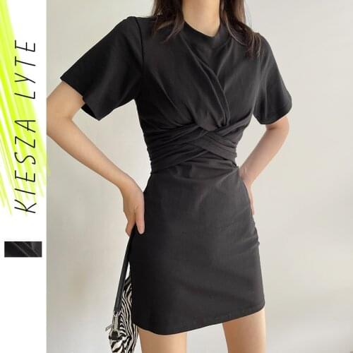 Women dresses 2021 summer new cross waist knot waist slim round collar mini T-shirt dress