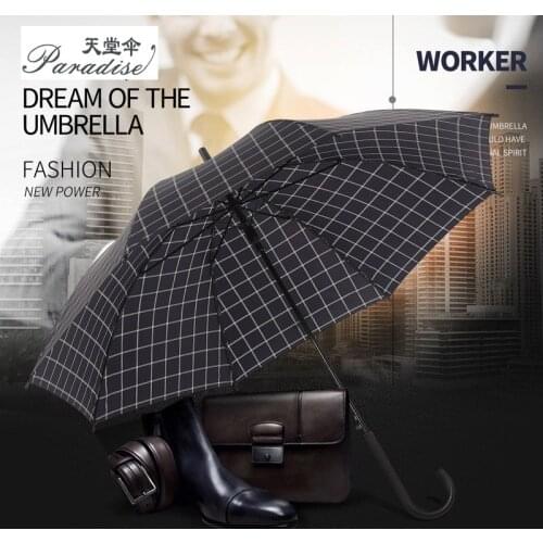 Business Classic Plaid Umbrella Semi Automatic Straight Long Handle Two Person Both Sunny Rainy For Men Women Full Steel 8 Ribs