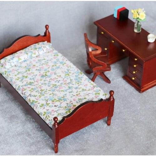 1/12 Retro Wooden Single Bed with Sheet Model DIY Dollhouse Decor Accessory Dollhouse Furniture Pretend Play Toys