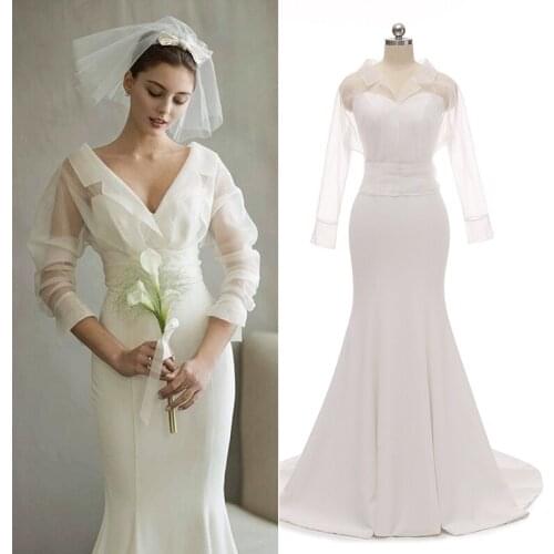 2 Pieces Sweetheart Soft Satin Bridal Gown Tulle Jacket Long Sleeves Mermaid 2020 Cream White Wedding Dress CUSTOM MADE #3010