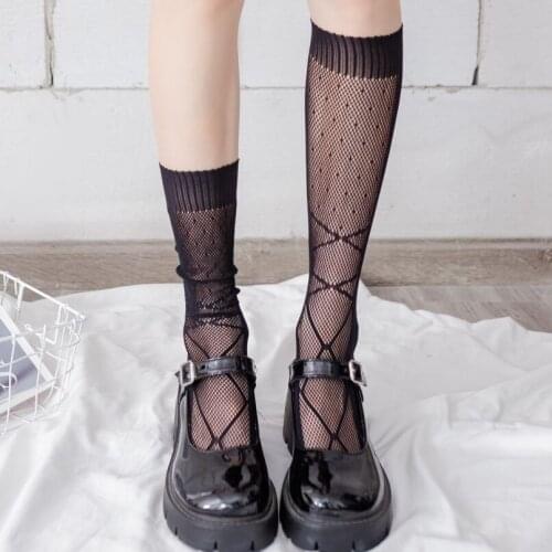 Black White Lace Stockings Women Summer Bow Bandage Long Socks Japanese Fashion Lolita Girls Hollow Out Fishnet Stockings Female