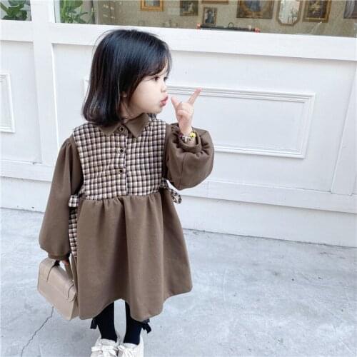 DFXD Toddler Girls Princess Dress Winter Long Sleeve Thicken Plaid Patchwork Woolen Dress Warm Plus Velvet Girls Dresses 1-7Yrs