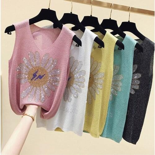 2021 Diamond Tank Vests Women Top V-Neck Solid Fashion Female Sleeveless Casual Thin Tops Pink Green Summer Knit Tee Shirt Femme