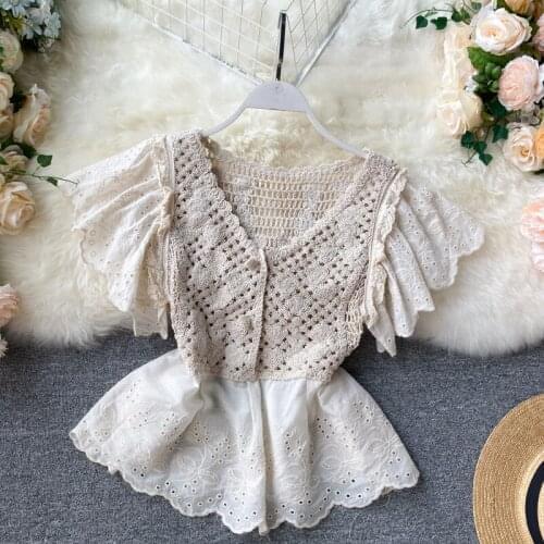Cute Retro Design V-neck Cutout Knitted Patchwork Lace Little Blouse Top Chic Ruffled Sleeve Top