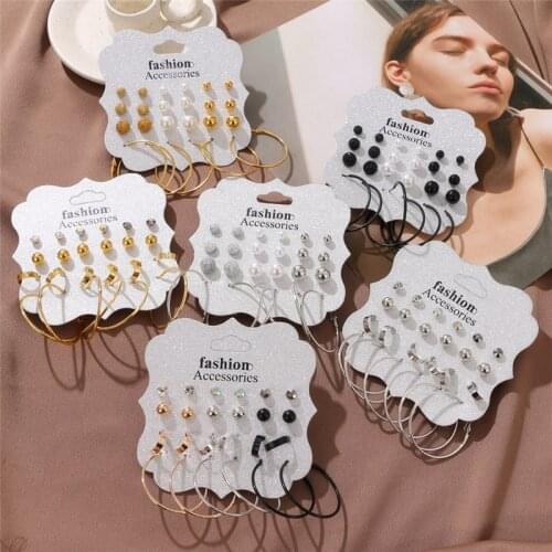 Fashion Pearl Rhinestone Round Circle Hoop Earrings Set For Women Girl Punk Black Gold Silver Color Geometric Earrings 2021 New