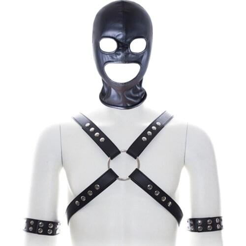 Mens PU Leather Bulldog Warrior Chest Belt Hood Mask Hand Arm Cuffs Fetish BDSM Restraint Mask Sexy Lingerie Sex Toys For Men