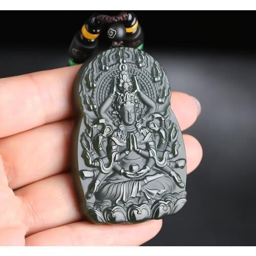 Natural A hetian green jade pendant black jade guanyin two side handcarved jadeite jade necklace for men pendants jade jewelry
