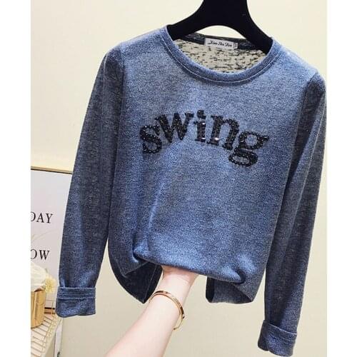 Vetement Femme 2018 New Letter Long Sleeve Shirt Women T-Shirt Diamonds Cotton Korean Woman Tshirt Top Vogue Camiseta Feminina