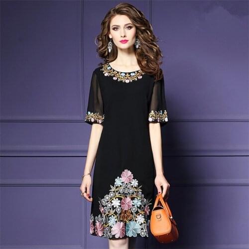 2020 summer new ladies black chiffon embroidered dress temperament casual boutique embroidery mid-long banquet dress
