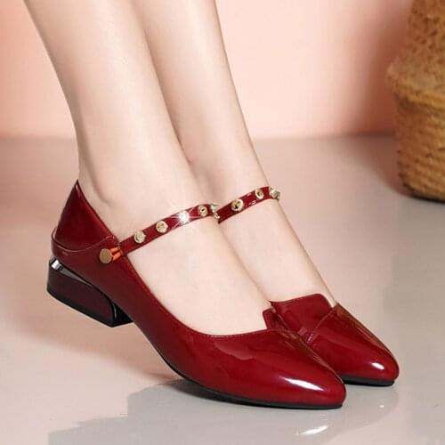 2020 Autumn Women Shoes Patent Leather Dress Shoes Mary Janes Shoes Rivet Pumps Office Low Heels Boat Shoes zapatos mujer 8627G