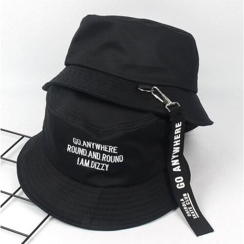New Personalized Long Strap Bucket Hat Fisherman Hat Men Letter Embroidery Wild Hat Women Reversible Unisex Panama Bob Cap