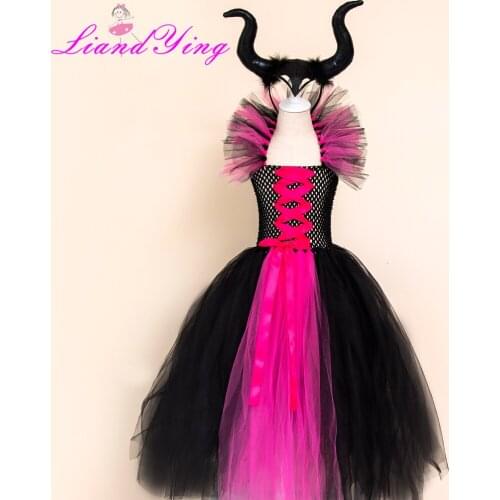 Girls Horns Black Evil Maleficent Queen Halloween Costume Girls Tutu Dress Kids Christmas Birthday Party Dresses