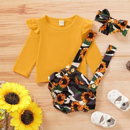 Baby Girl’s Shorts Three Piece Set Fresh Long-sleeved Top Camouflage Sunflower Suspender Pants and Headband
