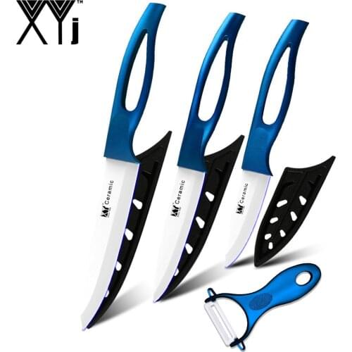 Blue Hollow Handle Kitchen Knives 3, 4, 5 Inch + A Peeler High Grade Ceramic Knife 4 Pcs Set Hot Sale XYJ Brand Cooking Tools