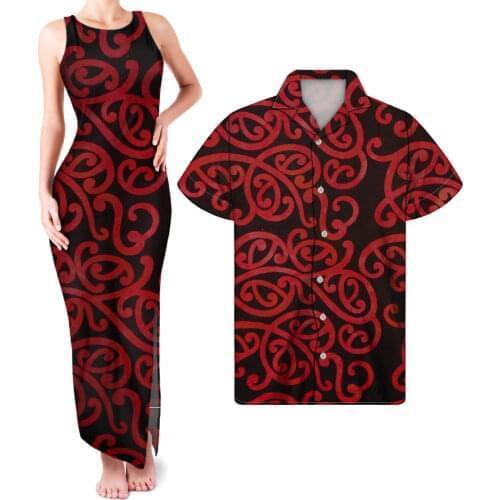 HYCOOL Custom Sexy Sleeveless Red Bodycon Maxi Dress Lady Wear Elegant Long Wedding Dress Match Shirt Polynesian Print Clothing