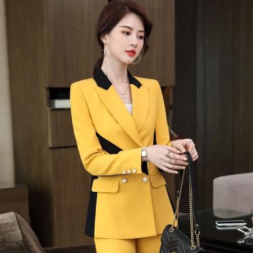 High quality plus size womens business suit pants two-piece Autumn and winter contrast color ladies office jacket Slim trousers