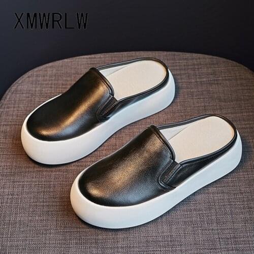 XMWRLW Womens Half Shoes 2021 Summer Genuine Leather Thick Sole Women Slippers Ladies Summer Shoes Woman Slippers Non-Slip Shoe