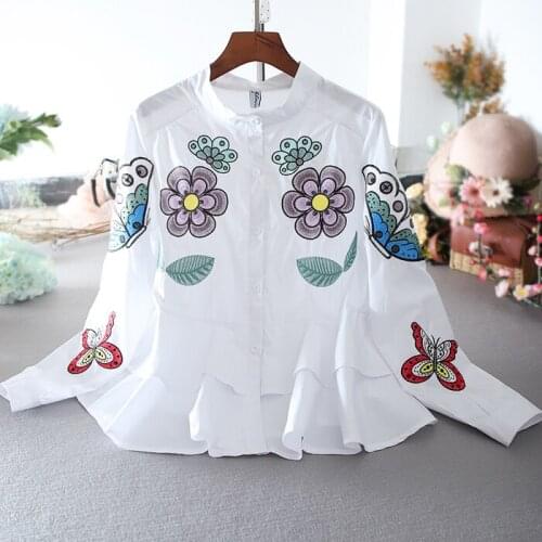 Womens spring autumn long sleeve casual loose stand neck cotton shirt ladys embroidery cardigens blouse TB3965