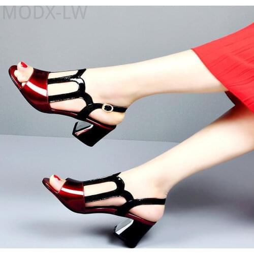 New womens open-toe sandals summer high heels square mid-heel ankle buckle fashionable burgundy hollow comfortable womens shoe