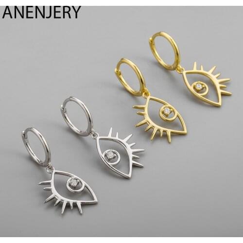 ANENJERY 925 Sterling Silver Personality Eyes Pendant Hoop Earrings for Men Women Geometric Party Jewelry Gifts S-E1413