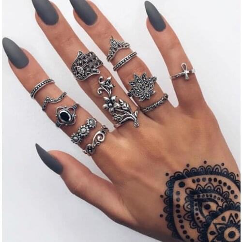 Vintage Bohemian Ancient Flower Punk Palm Element Ring Sets Women Fashion Party Wedding Jewelry Gifts