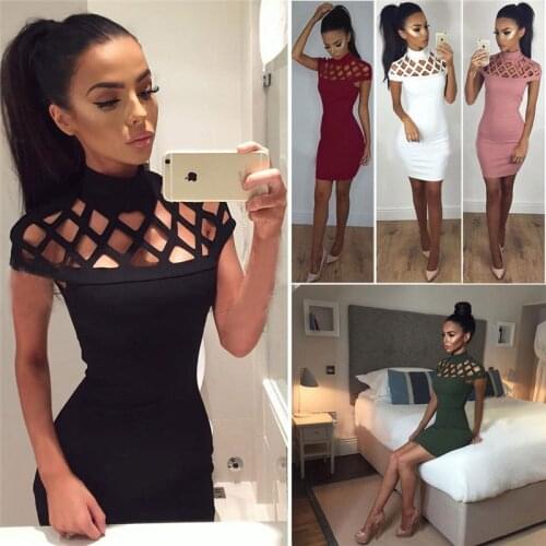 Women Dress Hot Sexy Ladies Hollow Out Turtleneck Bodycon Slim Short Sleeve Evening Party Pencil Mini Hollow Out Mesh Clothing