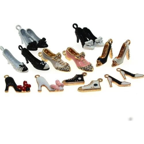 10pcs/lot Bow Rhinestone Lady high heels Enamel Black and white Girl Charms Fit DIY Bracelet Necklace Jewelry DIY Craft Finding