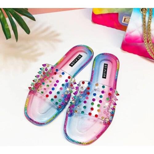 2021 New Flat Sandals Summer Open Toe Slippers Fashion Rhinestone Outdoor Rivet Womens Shoes Plus Size 41