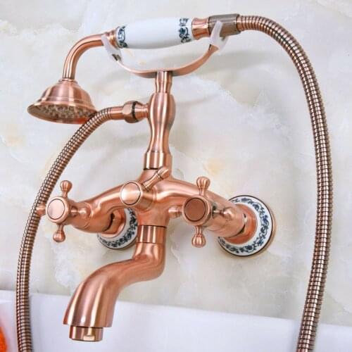 Antique Red Copper Brass Wall Mounted Bathroom Clawfoot Tub Faucet Mixer Tap Telephone Shower Head Dual Cross Handles ana325