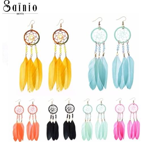 Bohemia Tassel Dangle Long Earrings For Women Feather Drop Earring Brincos Bijoux Jewelry Female Dream Catcher Hook Earrings