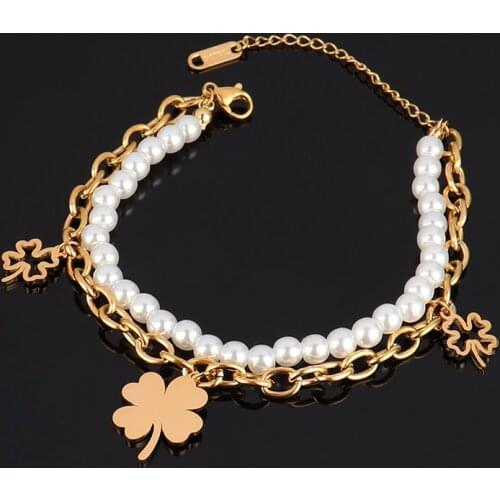 Clover Bracelets Unusual Pearl Bracelet For Women Stainless Steel Bracelet Butterfly Charms Chain Double-layer Bracelet Jewelry