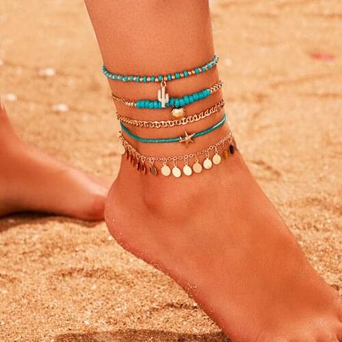 Rongho Boho Gold Shell cowrie Anklets for Women Star fish Anklet Bracelet Beaded Foot Jewelry Summer Beach Anklet Chains Female