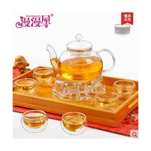 600ML Heat-resistant glass tea set kettle,including 6 double-wall cups + warmer