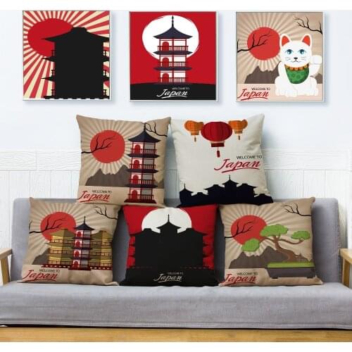 Japan Style Design Lucky Cat Cushion Cover Beige Linen Pillowcase 45*45cm Suqare Throw Pillows Covers Car Home Decor Pillow Case